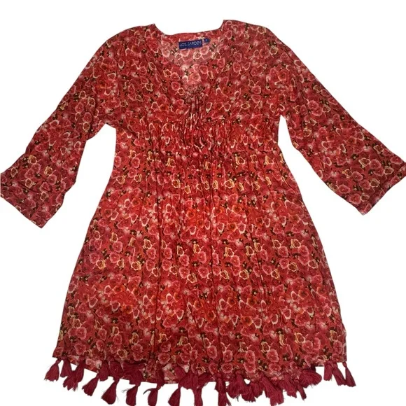 NEW Anthropologie Ro's Garden Seychelles tunic tassel dress Red Poppy S - Picture 3 of 12